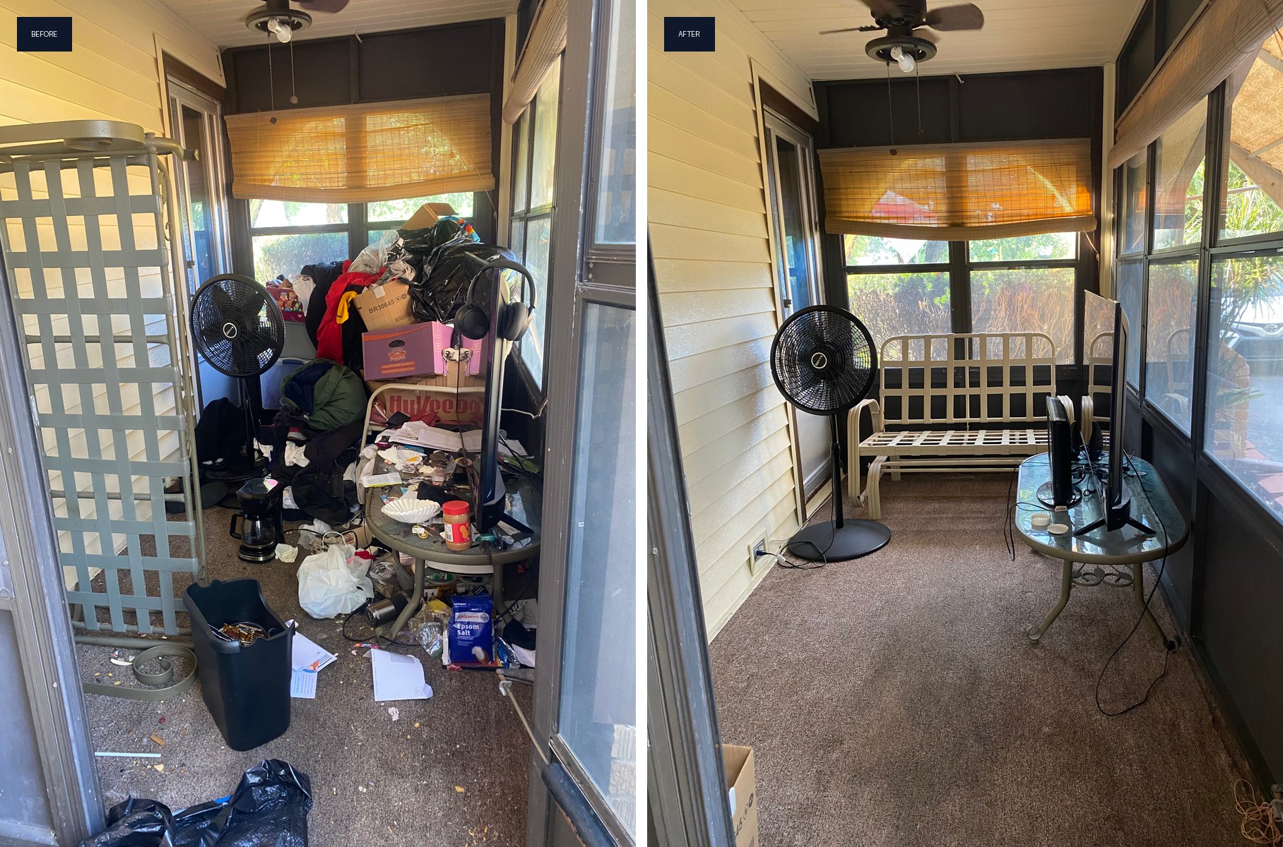 Before and after sunroom cleanout showing a porch packed with clutter restored to a clean, open space.