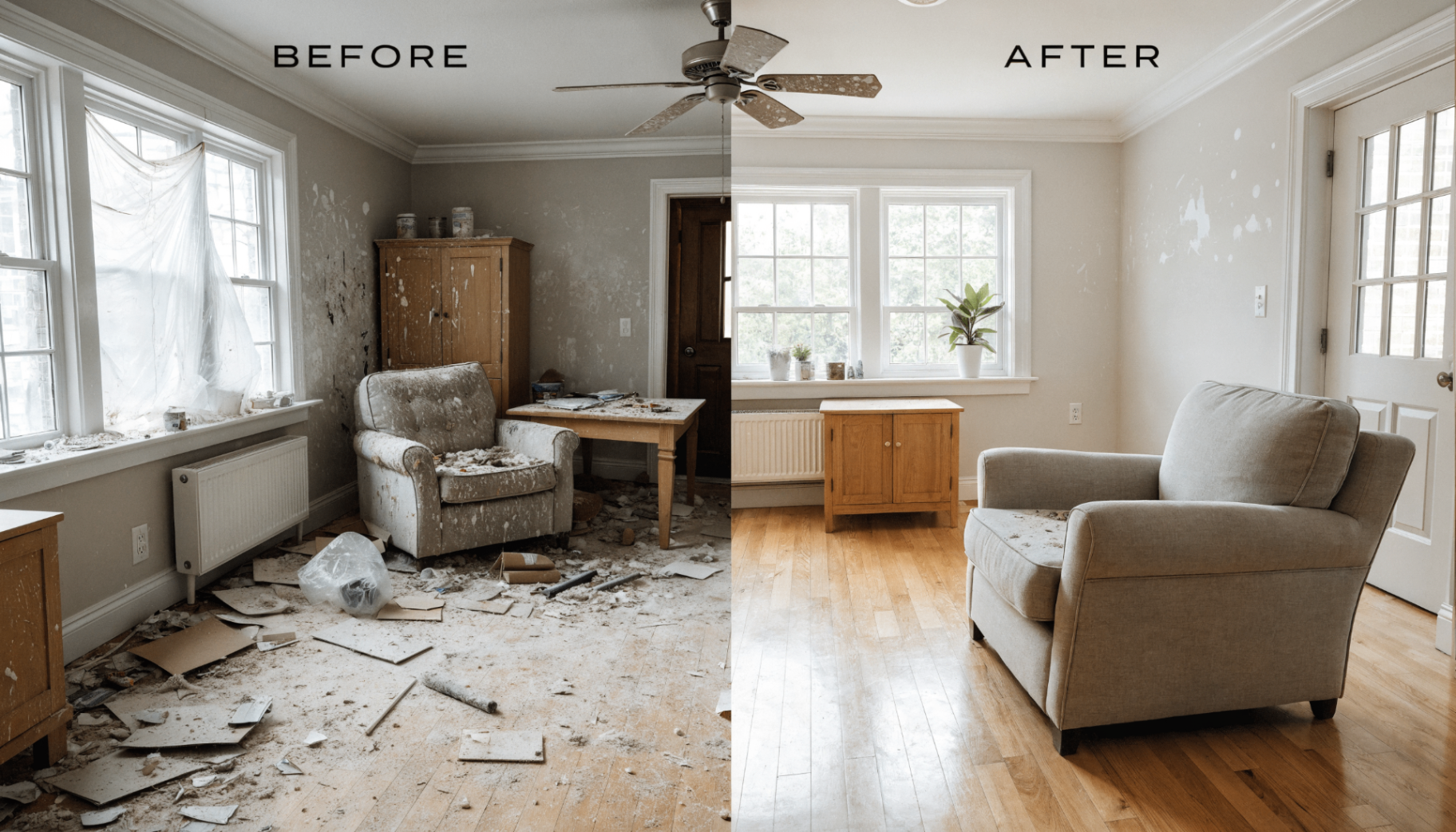 Before and after living room cleaning showing a messy room transformed into an organized clean space.