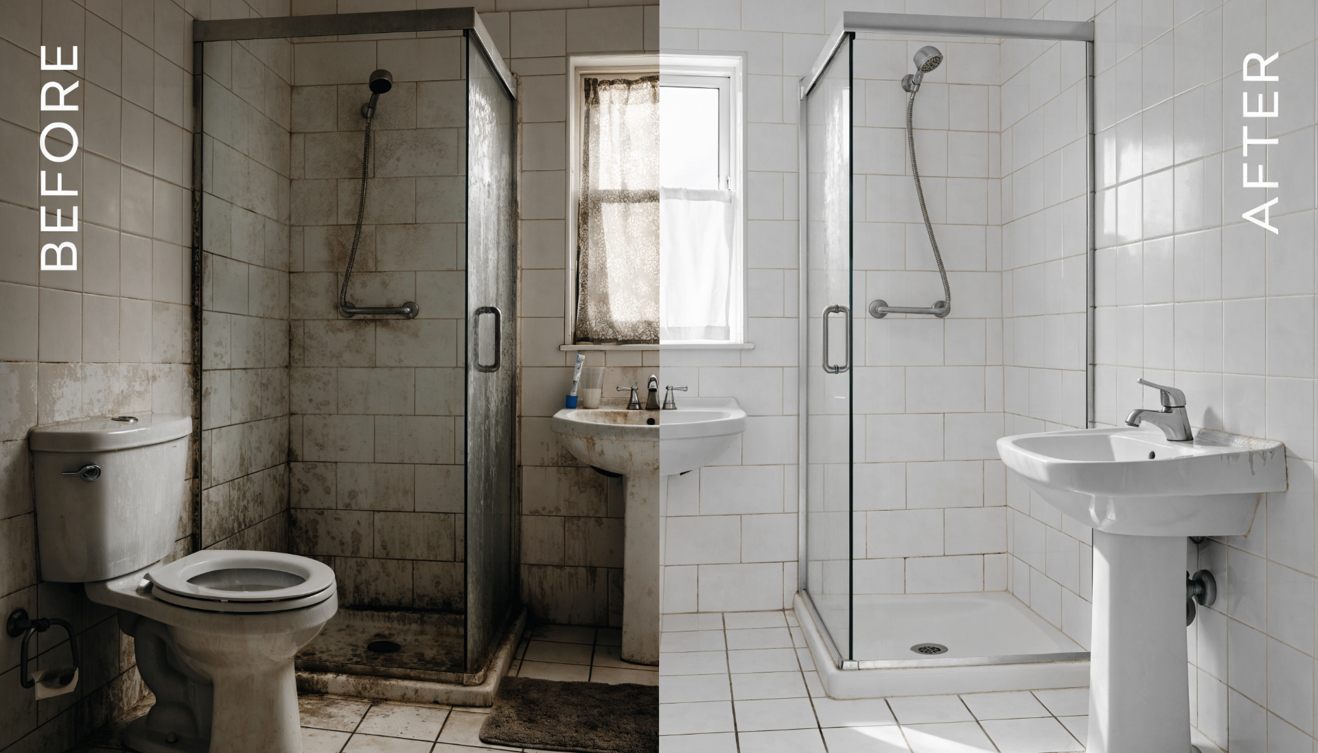 Before and after bathroom cleaning showing a stained shower restored to a bright clean finish.