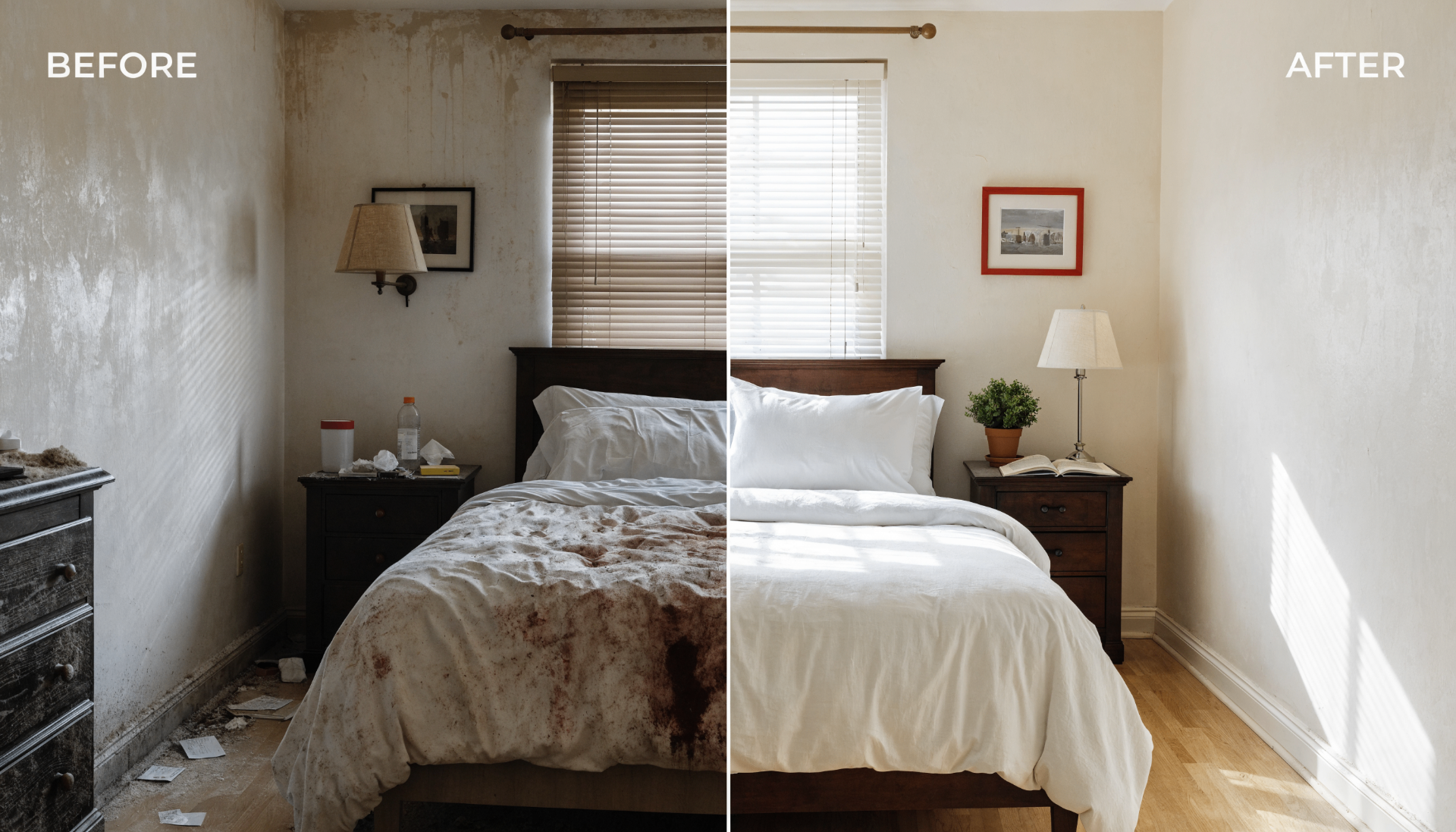 Before and after bedroom cleaning showing a cluttered sleeping area restored to a clean room.