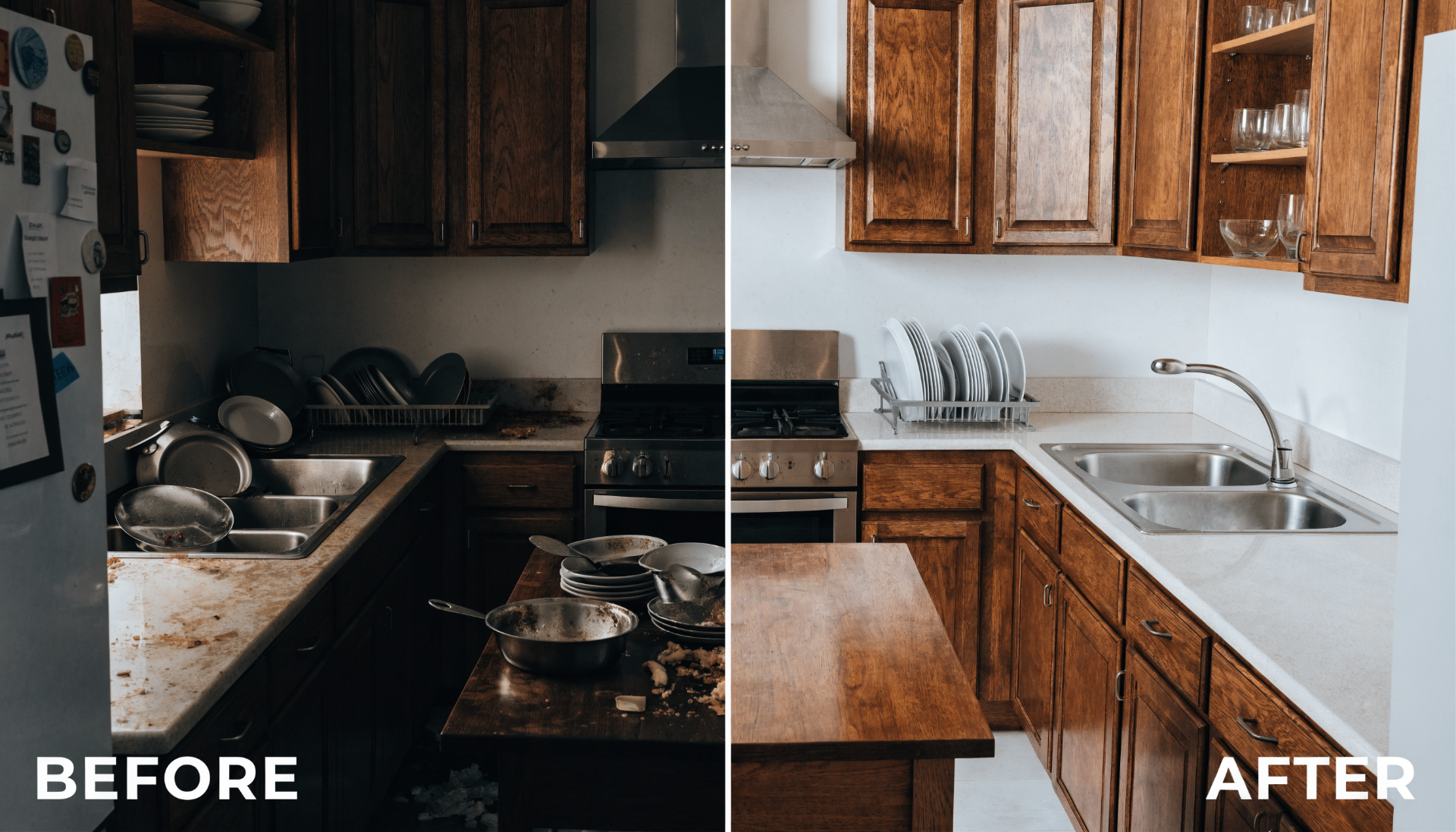 Before and after kitchen cleaning showing a greasy stove transformed into a clean kitchen.